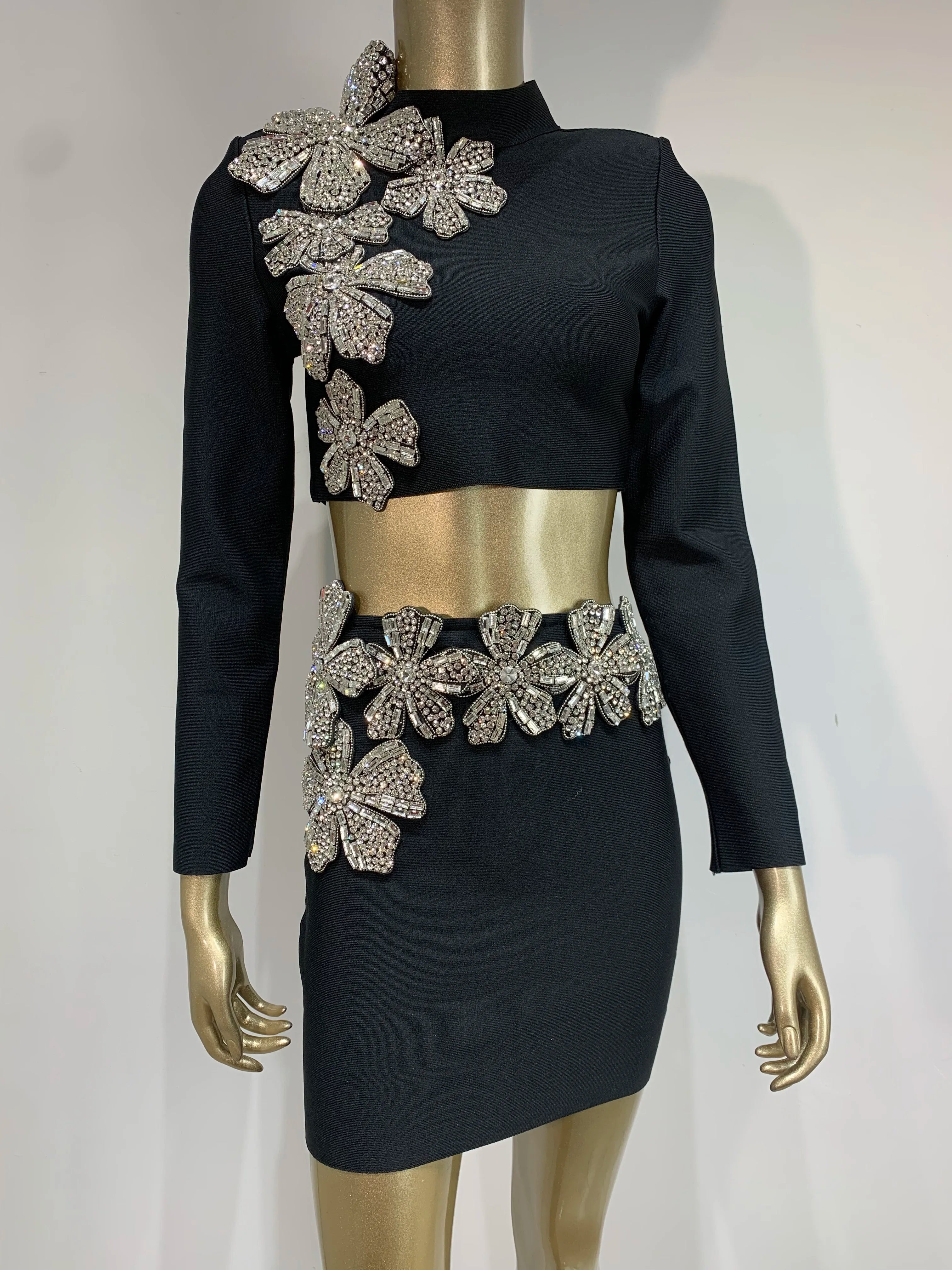 Women Sexy Long Sleeve Flower Diamonds Black Mini Two Pieces Skirt Bandage Set 2025 Celebrity Designer Fashion Women's Set