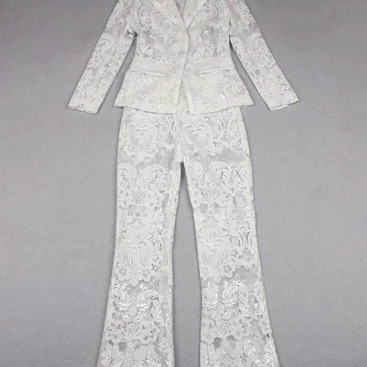 Sexy Autumn Women's Sequin Perspective Suit Pants Set with Polo Collar Long Sleeve Slim Fit Suit Coat+Flare Pants Two Piece Set