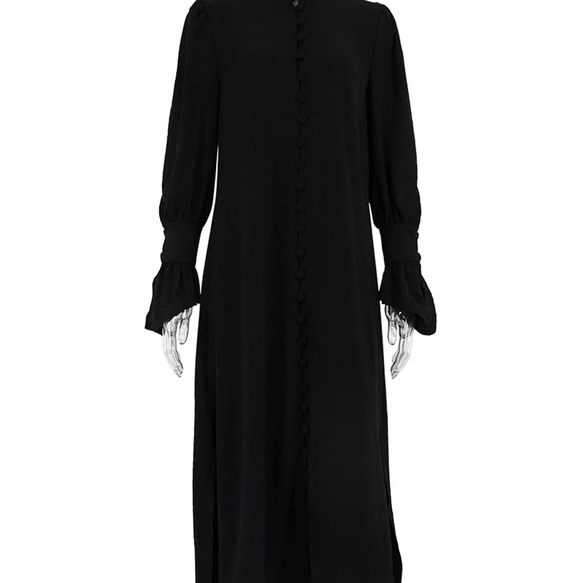 Elegant Blue Straight Womens Dresses Fashion Single Breasted Long Sleeve Dresses Casual Side Slit Mid-Calf Dress Female