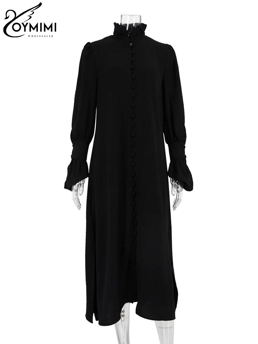 Elegant Blue Straight Womens Dresses Fashion Single Breasted Long Sleeve Dresses Casual Side Slit Mid-Calf Dress Female