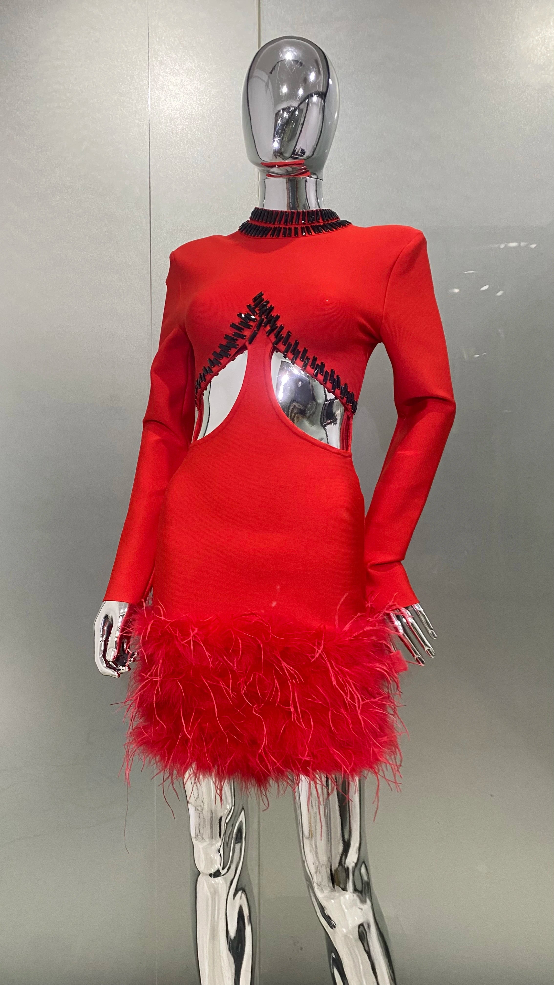 STOCK Gorgeous Feathers Sexy Hollow Out Red Mini Bandage Dress Fashion Woman Evening Dress Merry Christmmas Party Outfit