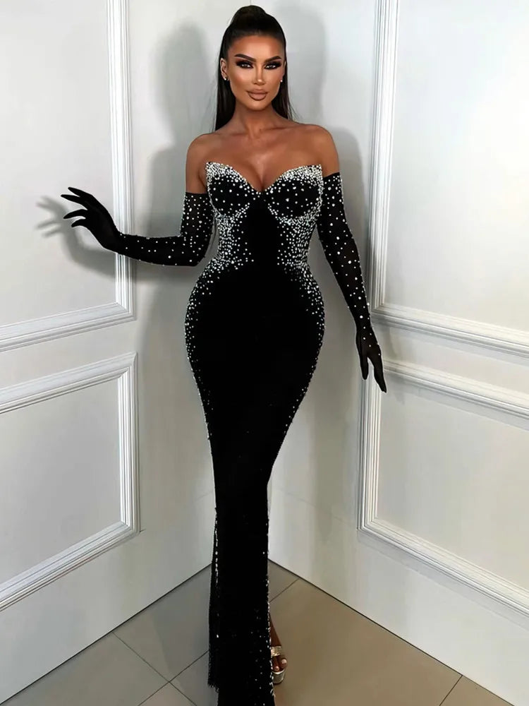 Sexy Strapless Backless Pearl Beading Black Long Bandage Women Celebrity Dress 2025 Elegant Party Evening Club Vestido Clothing