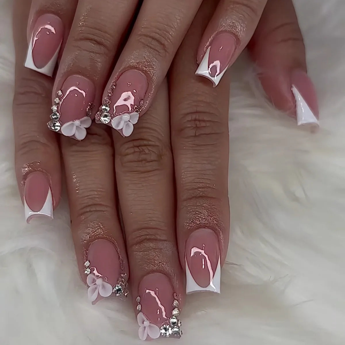 24Pcs Short Square Head French Fake Nails Press on Pink Smudge 3D Flower Design False Nails Art Detachable Full Cover Nails Tips