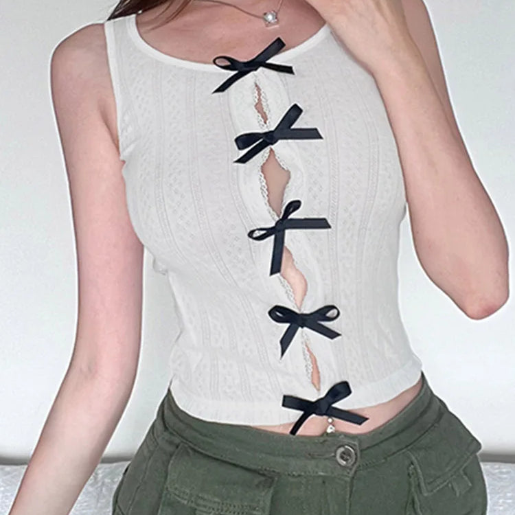 Korean Sweet White Skinny Women Tops Vest Sleeveless Lace Spliced Split Y2K Cute Bow Summer Crop Top Coquette Clothes
