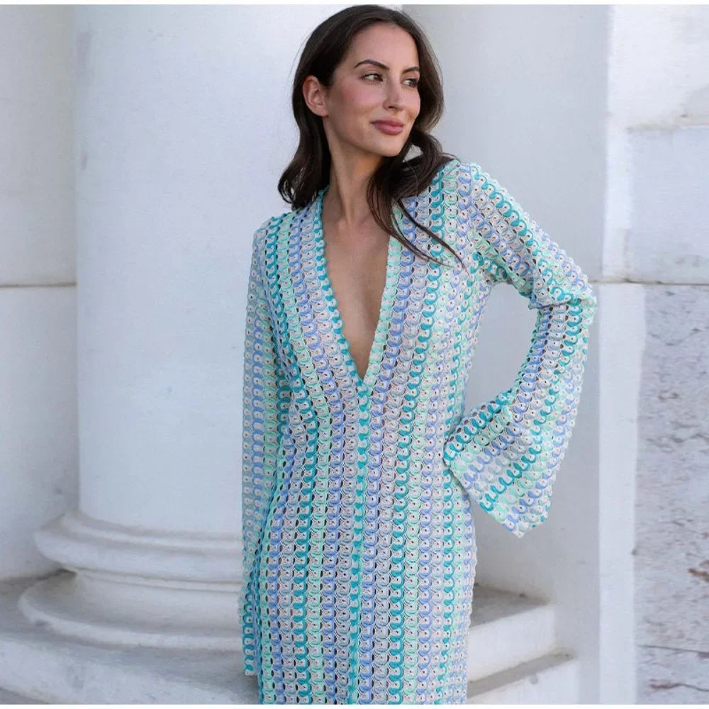 Striped Hooked Crochet Knit Long Dress Women Autumn Long Sleeve A Line Vestidos Female Vintage Commuter Slim Dresses SKY BLUE