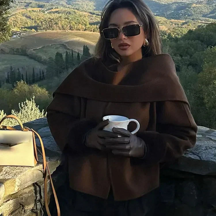 New Fashion Scarf Collar Woolen Jackets For Women Elegant Long Sleeved Side Split Casual Coats Female Chic Autumn Overcoats Coffee color