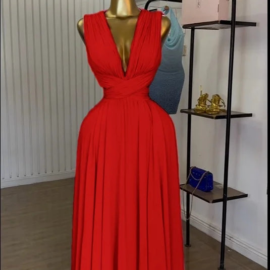 CM.YAYA Women Sleeveless Cutout Back Wrap V-neck Pleated A-line Chiffon Maxi Long Dress Birthday Vacation Sexy Party Dresses Red
