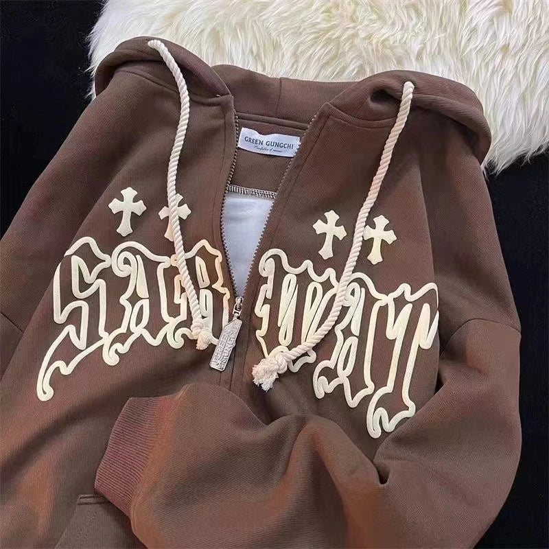 Goth Embroidery Hoodies Women High Street Harajuku Retro Hip Hop Zip Up Hoodie Loose Man Sweatshirt Hoodie Clothes Y2K Hoodie Coffee