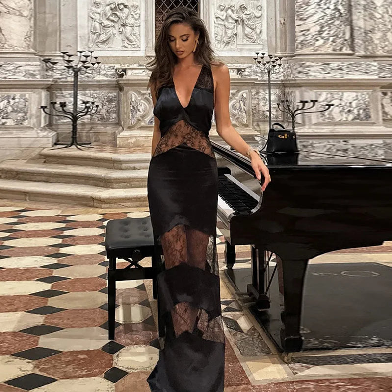 Lace See Through Sling Maxi Dress Women Sexy Slim Black Backless Sleeveless Long Dresses Female Summer Chic Party Evening Robes