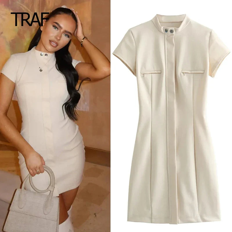 TRAF Midi Dress Womens Dresses Spring Summer  O-Neck Short Sleeves Dresses New In Dress Party Dresses Women Elegant Luxury