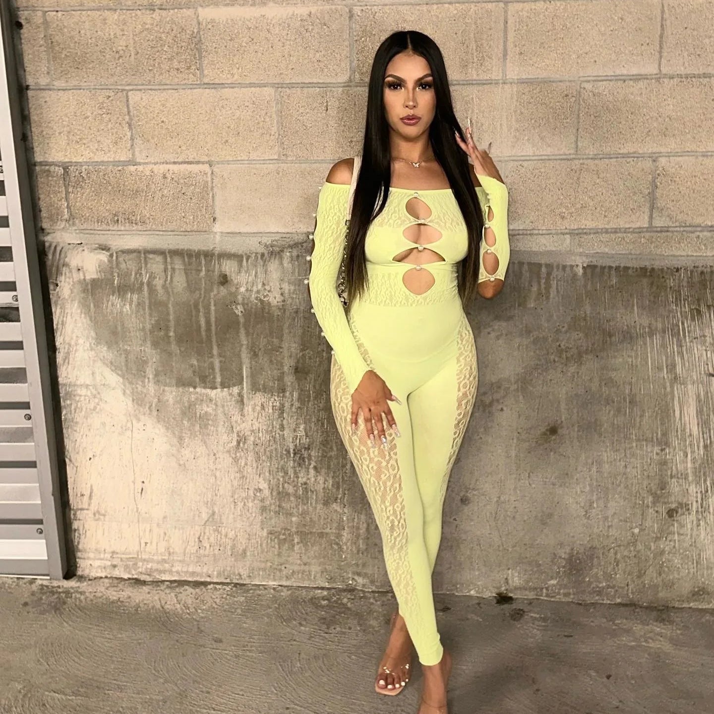 CM.YAYA 2025 Long Sleeve Sexy Leopard Lace See Through Women’s Jumpsuits Summer Slash Neck Night Club Party One Piece Outfits