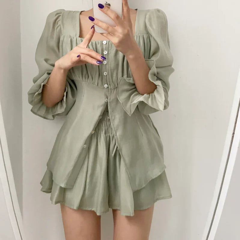 Fashion Summer Outfits for Women 2023 New Long Sleeves Blouse + Thin Shorts Sets Fairy Girls Pure Color Ladies Two Piece Set