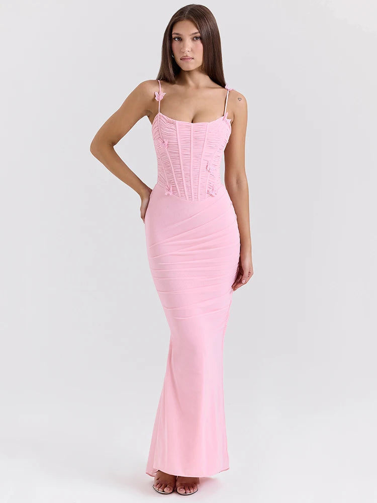Vestido longo sexy com alças finas e laço para mulheres, elegante, sem mangas, costas nuas, para festa noturna