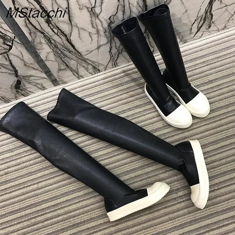 Women Stretch Tight Boots Flat Thick Bottom Shoes Women's Over-the-knee Boots Casual Black Leather Women's Thigh High Boots