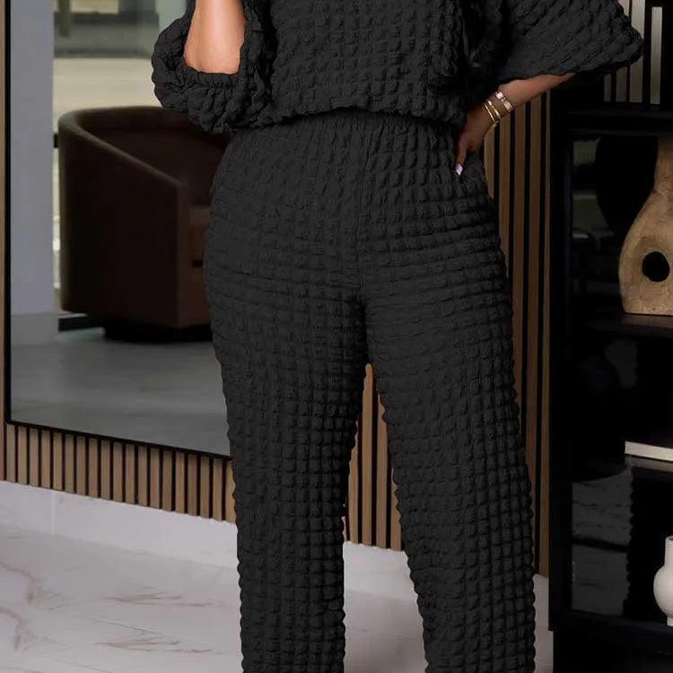 Curvy Plus Size Woman Clothing Fall Winter Long Sleeve 2 Piece Outfit Set Bubble Waffle Pleated Top and Pants Sets Elegant Suit