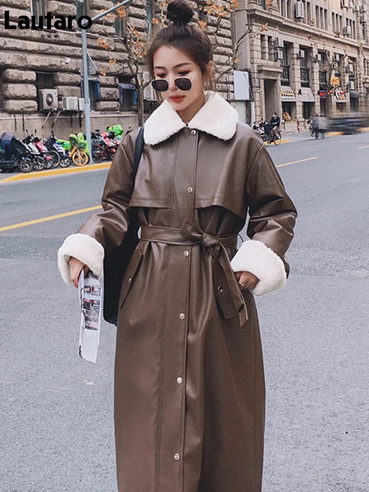 Winter Long Warm Thick Leather Trench Coat for Women with Faux Fur Inside Belt Loose Korean Fashion 2021 Fur Lined Parka Brown