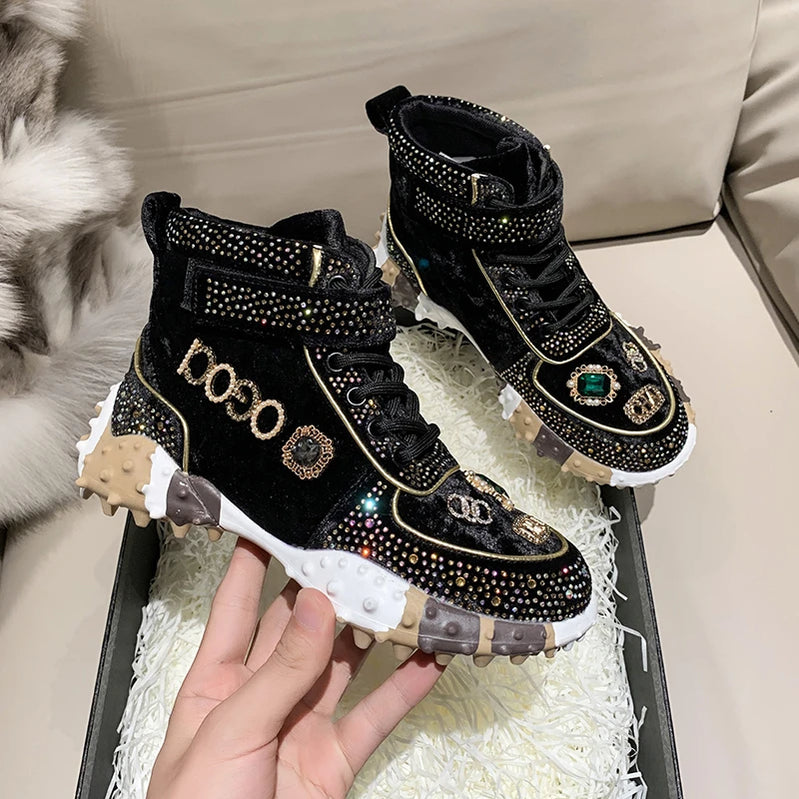 Ladies Vulcanized Shoes High Top Durian Sole Women Shoes Fashion Rhinestone Decoration Magic Sticker Lace Up Black Women Shoes black