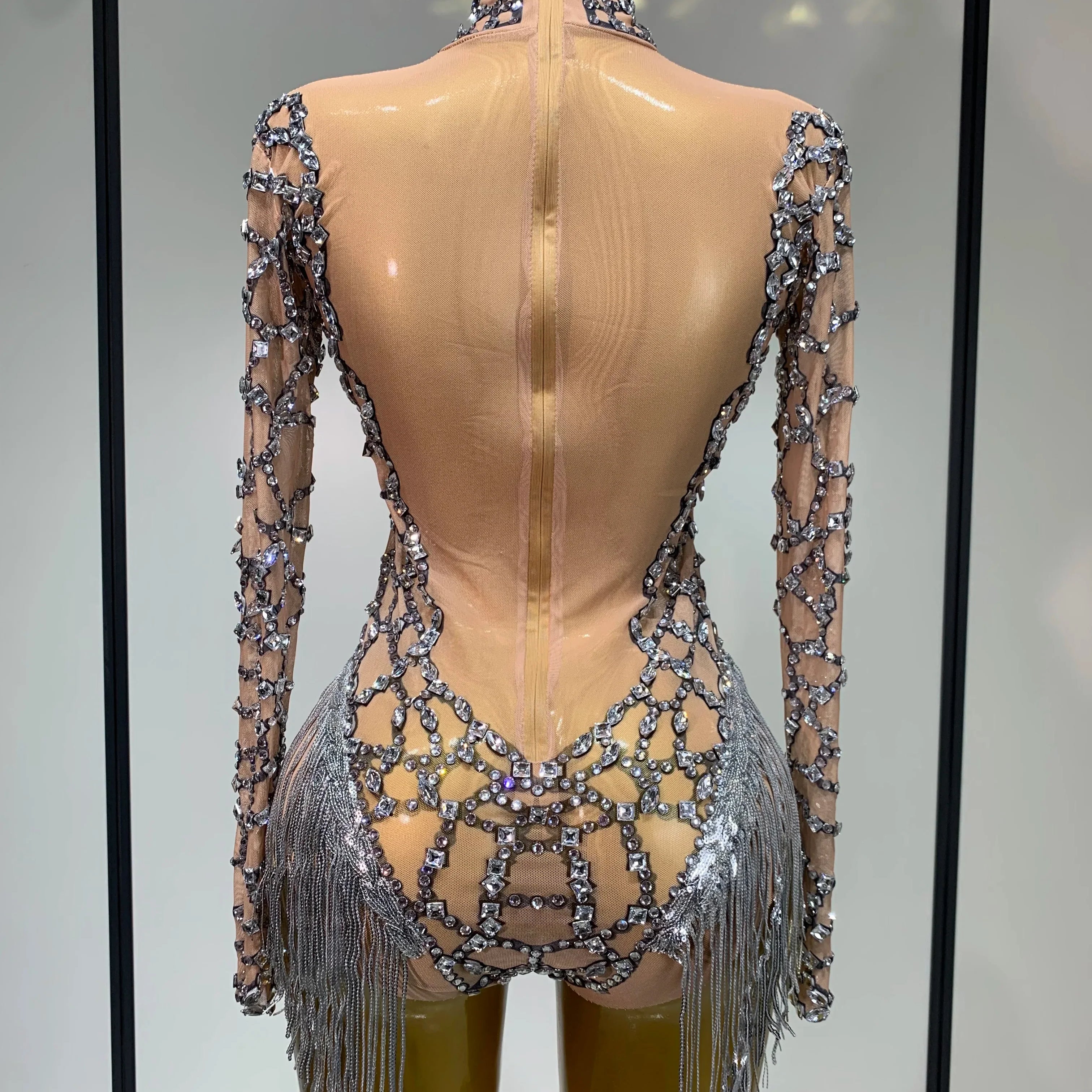Shining Diamond Tassel Bodysuit Nightclub Stage Tight Mesh Long Sleeved  Nightclub Singer Performance Costume