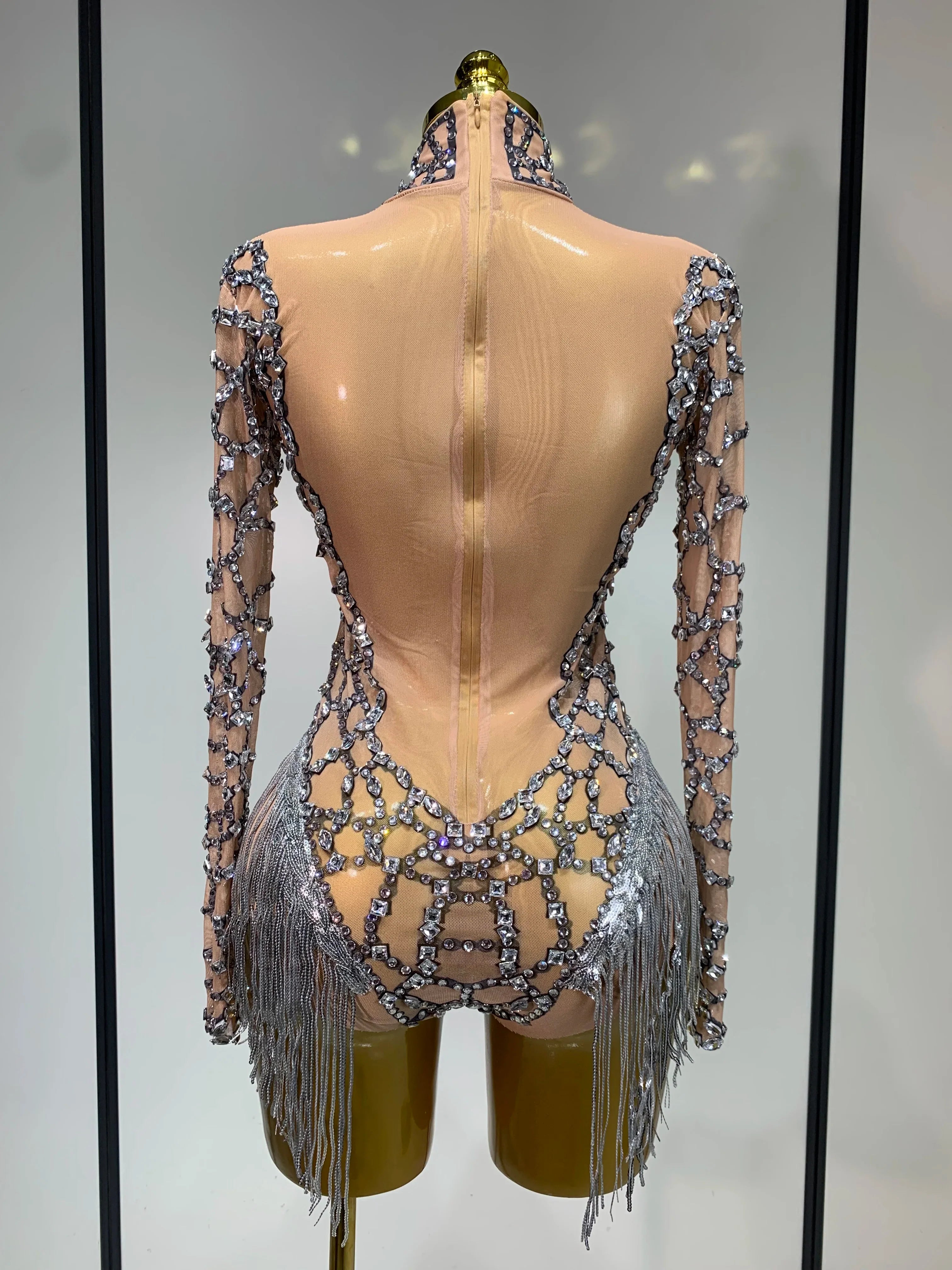 Shining Diamond Tassel Bodysuit Nightclub Stage Tight Mesh Long Sleeved  Nightclub Singer Performance Costume