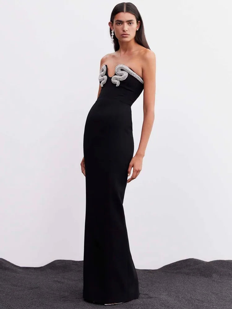 Women Celebrity Sexy Strapless Backless Diamonds Black Maxi Long Bodycon Bandage Dress Elegant Evening Club Party Dress