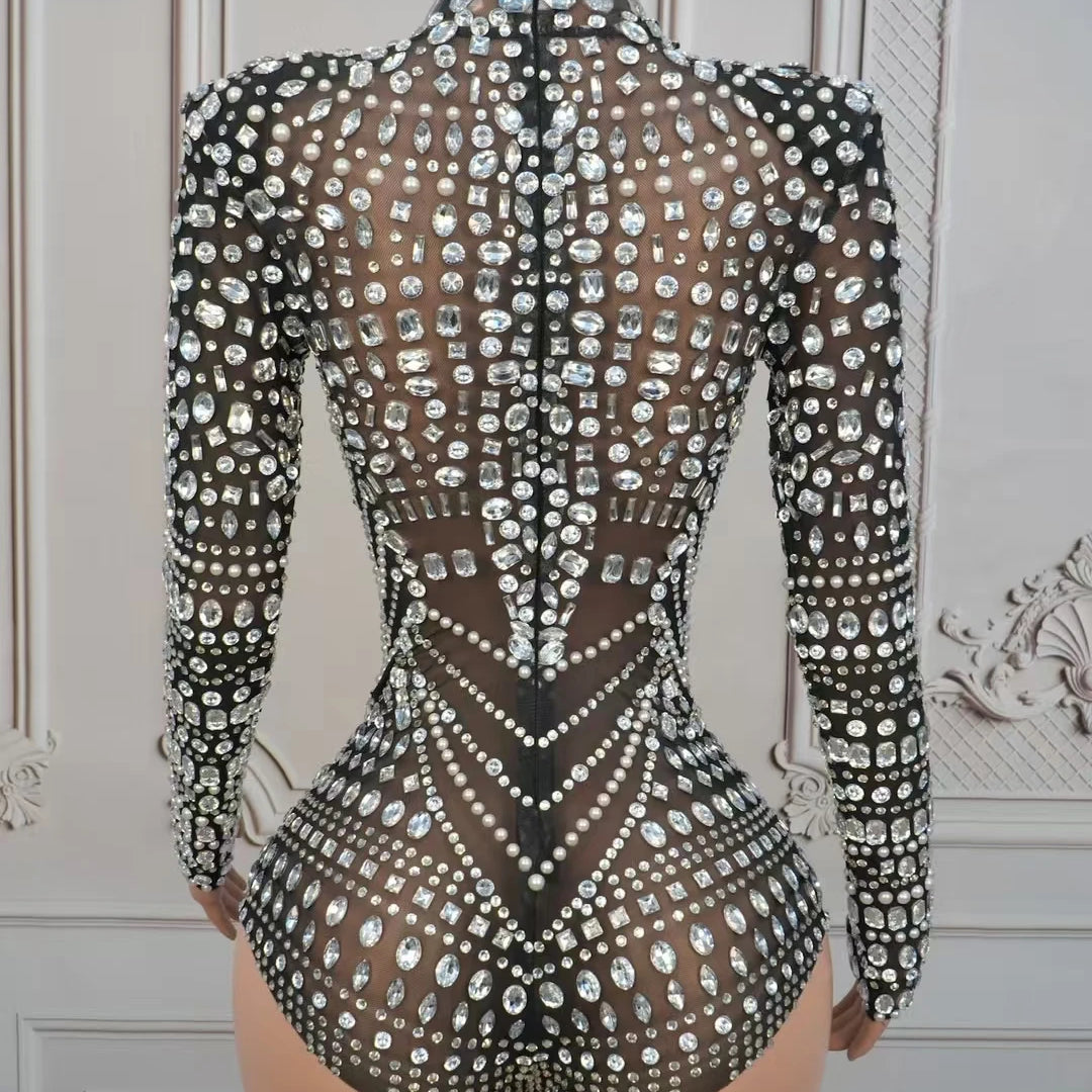 Sparkly Rhinestone Black See Through Mesh Bodysuit Women Sexy Dance Performance Wear Night Party Stage High-end Outfit Heimanba