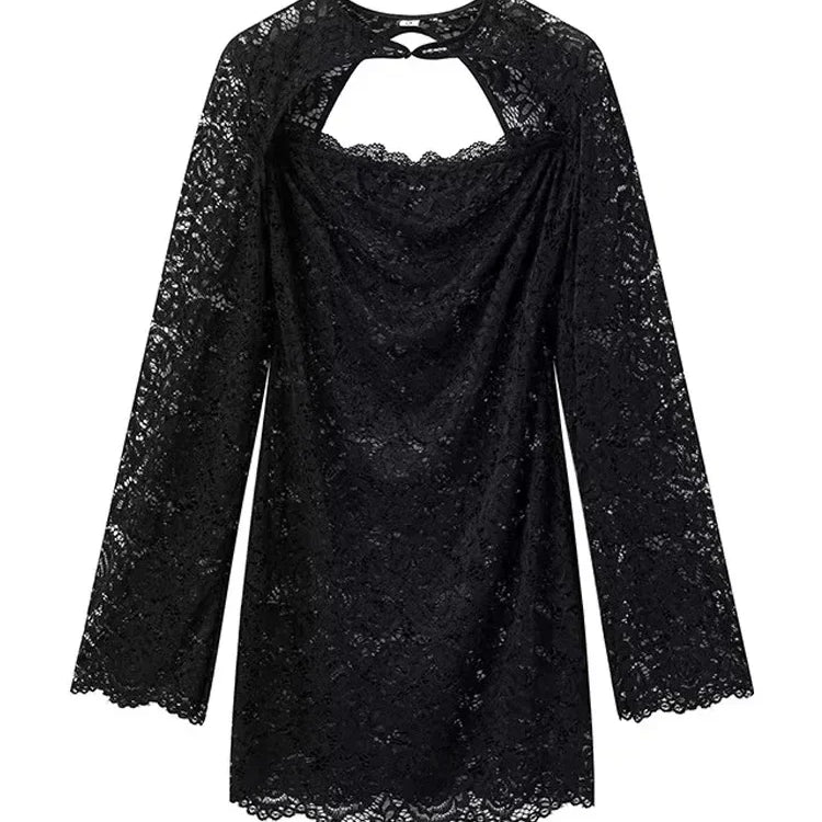 TRAF Lace Hollow Dresses Female Dresses Sumemr Mini Black Transparent Slim Lace Two Piece Set Dresses Coquette Prom Dress Luxury Black