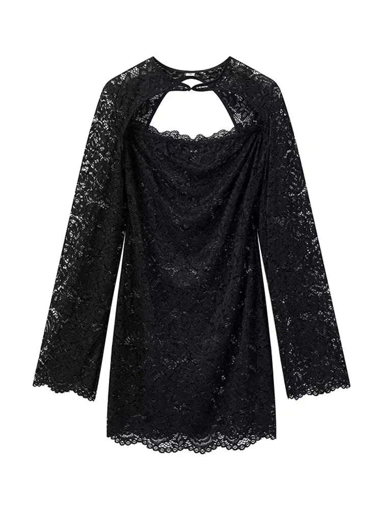 TRAF Lace Hollow Dresses Female Dresses Sumemr Mini Black Transparent Slim Lace Two Piece Set Dresses Coquette Prom Dress Luxury Black