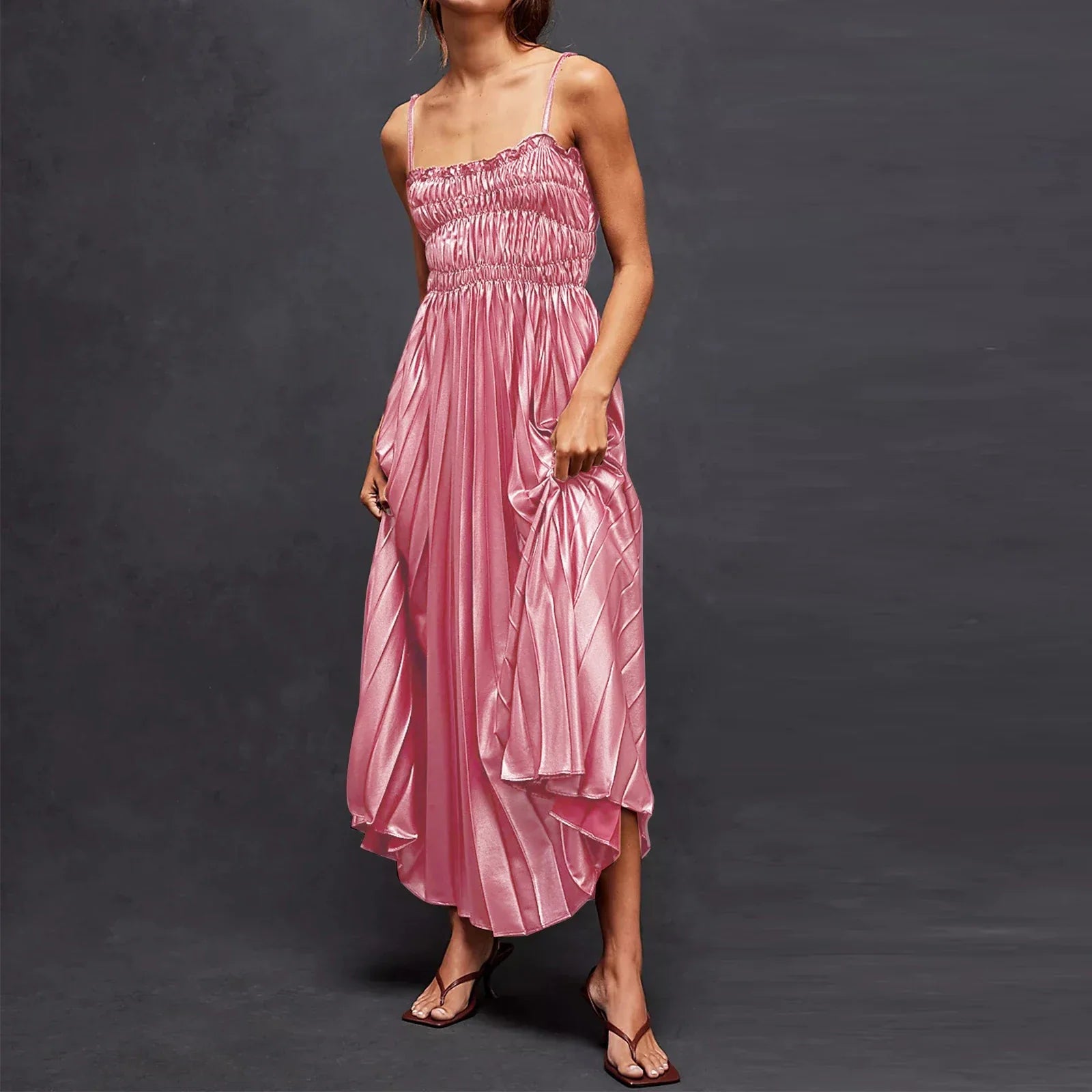 Women's Long Dress Adjustable Shoulder Straps Pleated Dinner Party Dress Smocking at bust Square Neck A-line Fit Dresses Femme