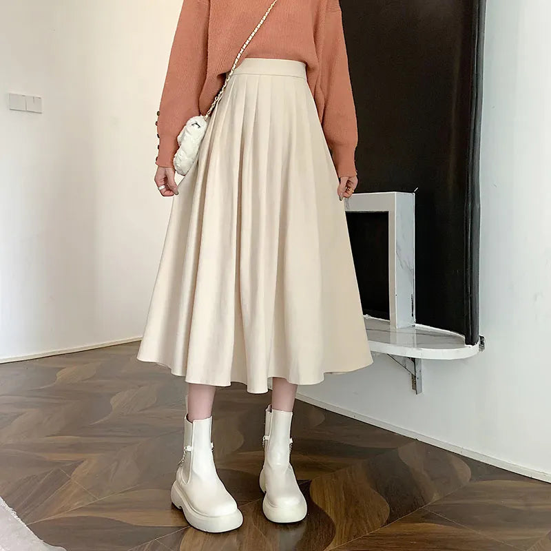 Vintage Brown High Waist Pleated Skirt Women Korean Fashion College Style Long Skirt Ladies Autumn Casual A line Skirts Apricot