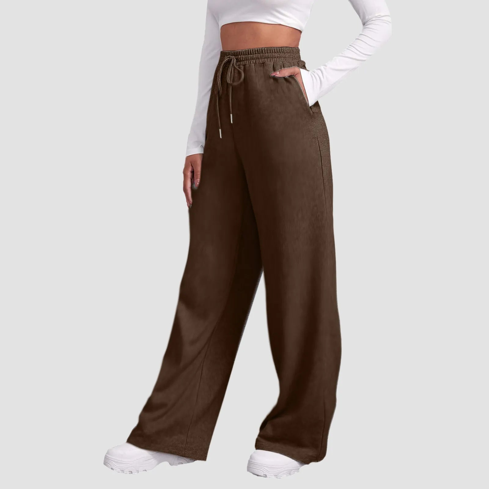 Wide Leg Pants For Women’S Fleece Lined Sweatpants Straight Pants Bottom All-Math Plain Fitness Joggers Travel Basic Pants Brown-B CN