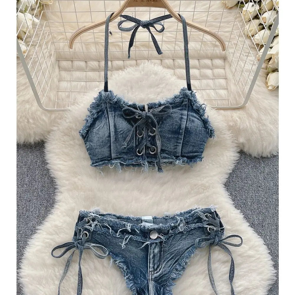 Women's Bikinis Set Summer Sexy Denim Strap Bra Vest and Low Waist Shorts Bathing Suit Swimsuit Swimwear Blue