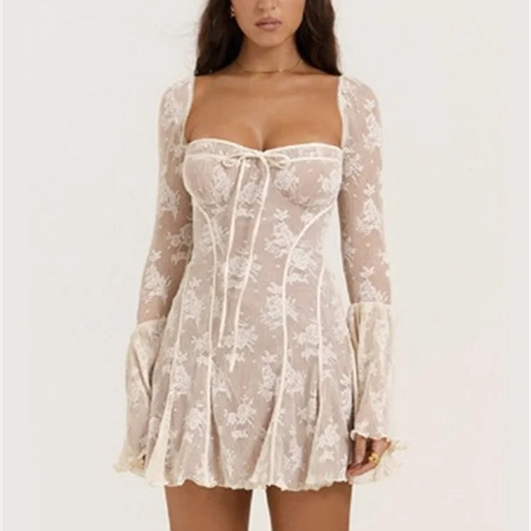 New Fashion Square Collar Long Flare Sleeve Backless Loose Club Party Dress Elegant Print Mini A-line Dress For Women Summer White