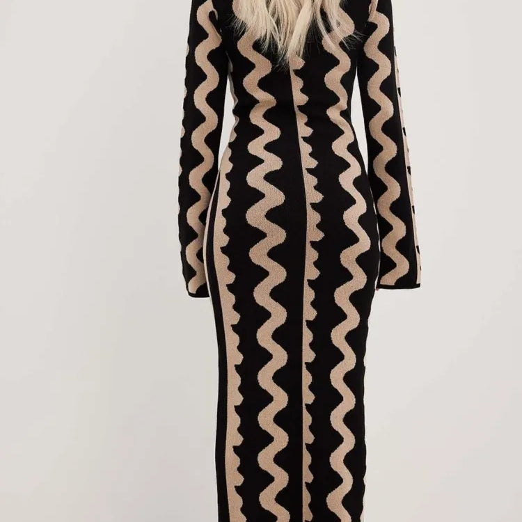 Striped Knitted O-neck Long Sleeve Midi Dresses Elegant Women Bodycon A-line Vestidos Female Fashion Casual Street Maxi Clothes