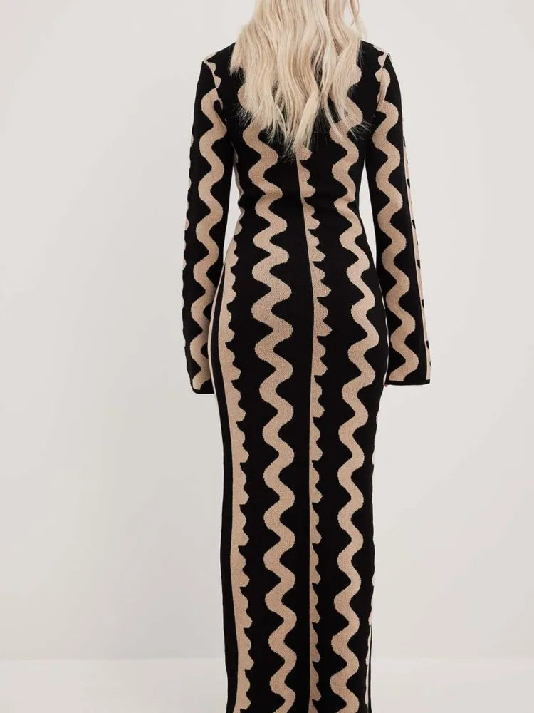Striped Knitted O-neck Long Sleeve Midi Dresses Elegant Women Bodycon A-line Vestidos Female Fashion Casual Street Maxi Clothes