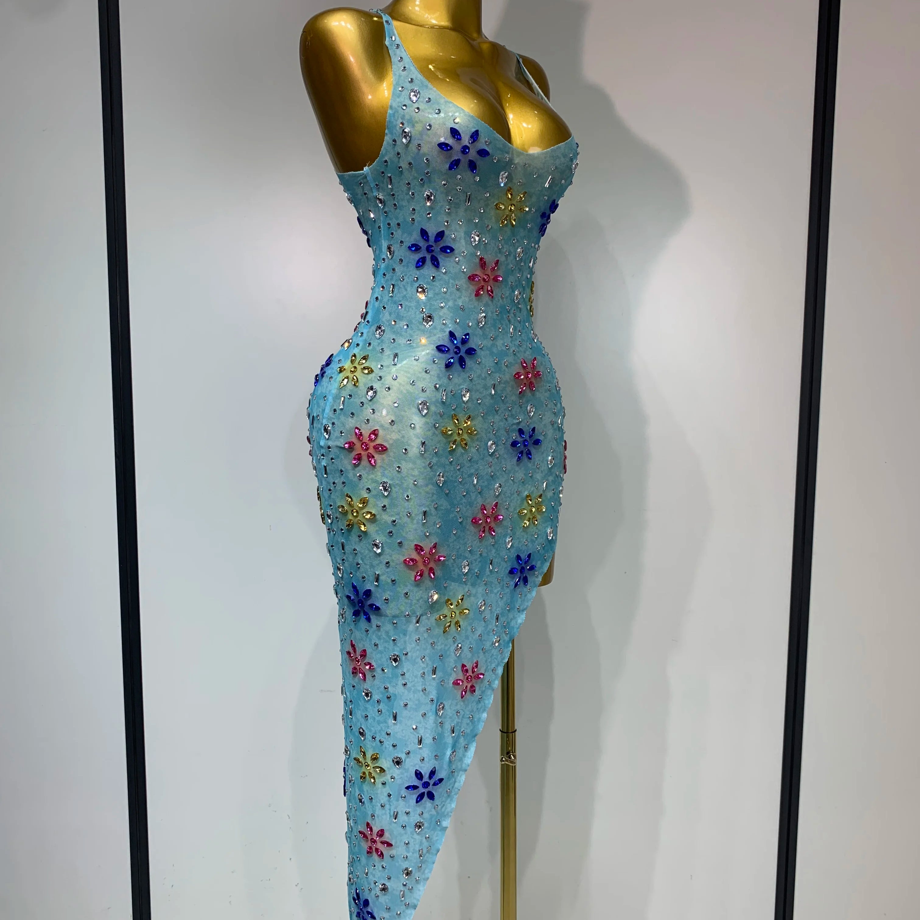 2025 Newest Sexy Mesh High Split Sparkly Diamonds See Through Dress Luxury Birthday Dress Women Celebrate Party Stage Outfit