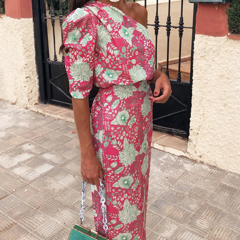 Summer Dress Women Elegant Flower Print Dress Sexy Ladies Fashion Backless Skew Neck One Shoulder Short Sleeve Dresses