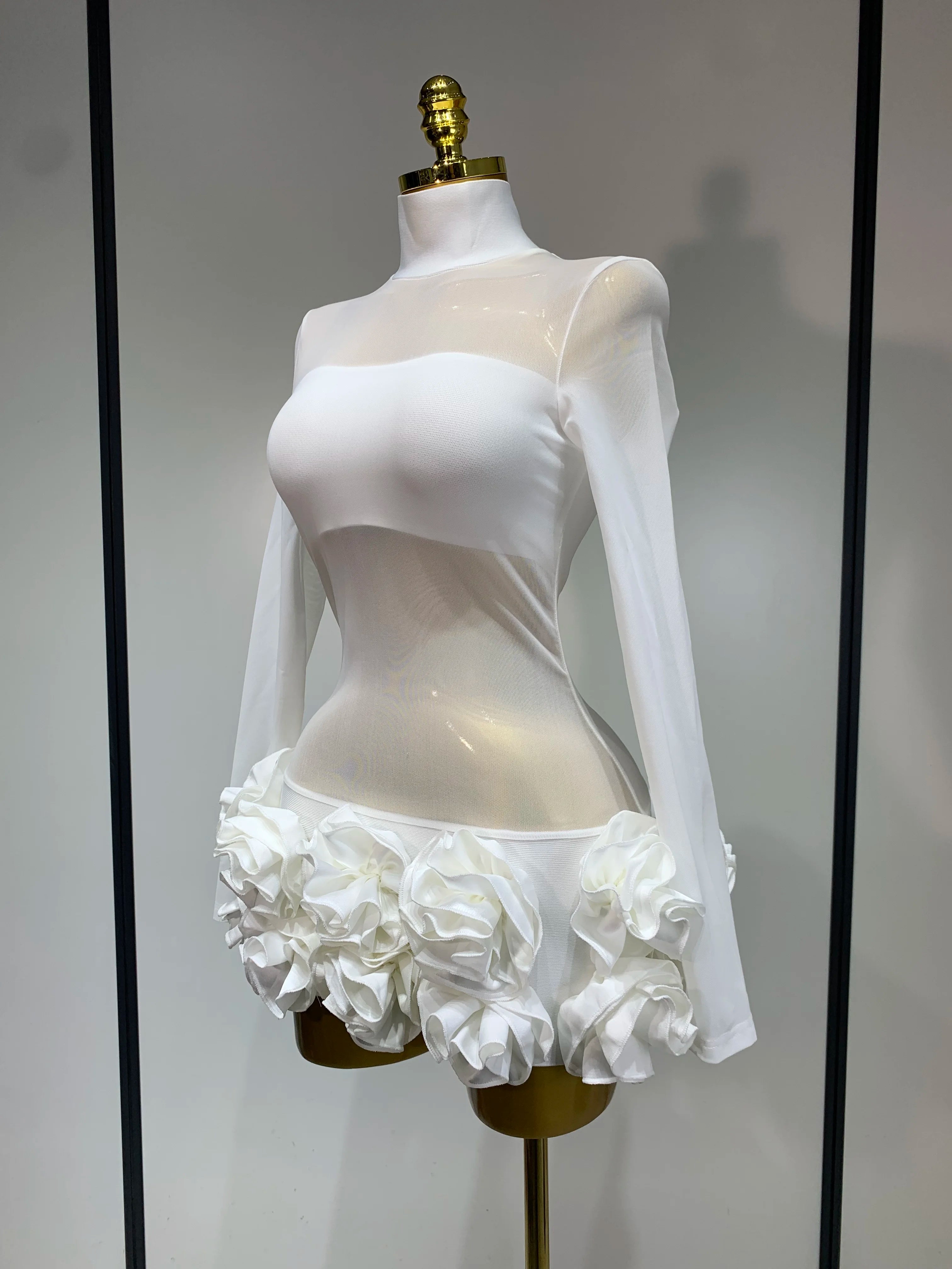 Women Sexy Mesh See through Stereoscopic Flowers White Red Mini Bandage Dress Birthday Evening Party Club Singer Perform Costume