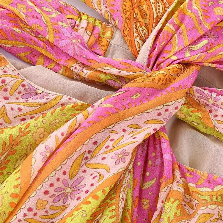 Willshela Women Fashion Printed Hollow Out Back Zipper Mini Dress Vintage V-Neck Long Sleeves Female Chic Lady Dresses