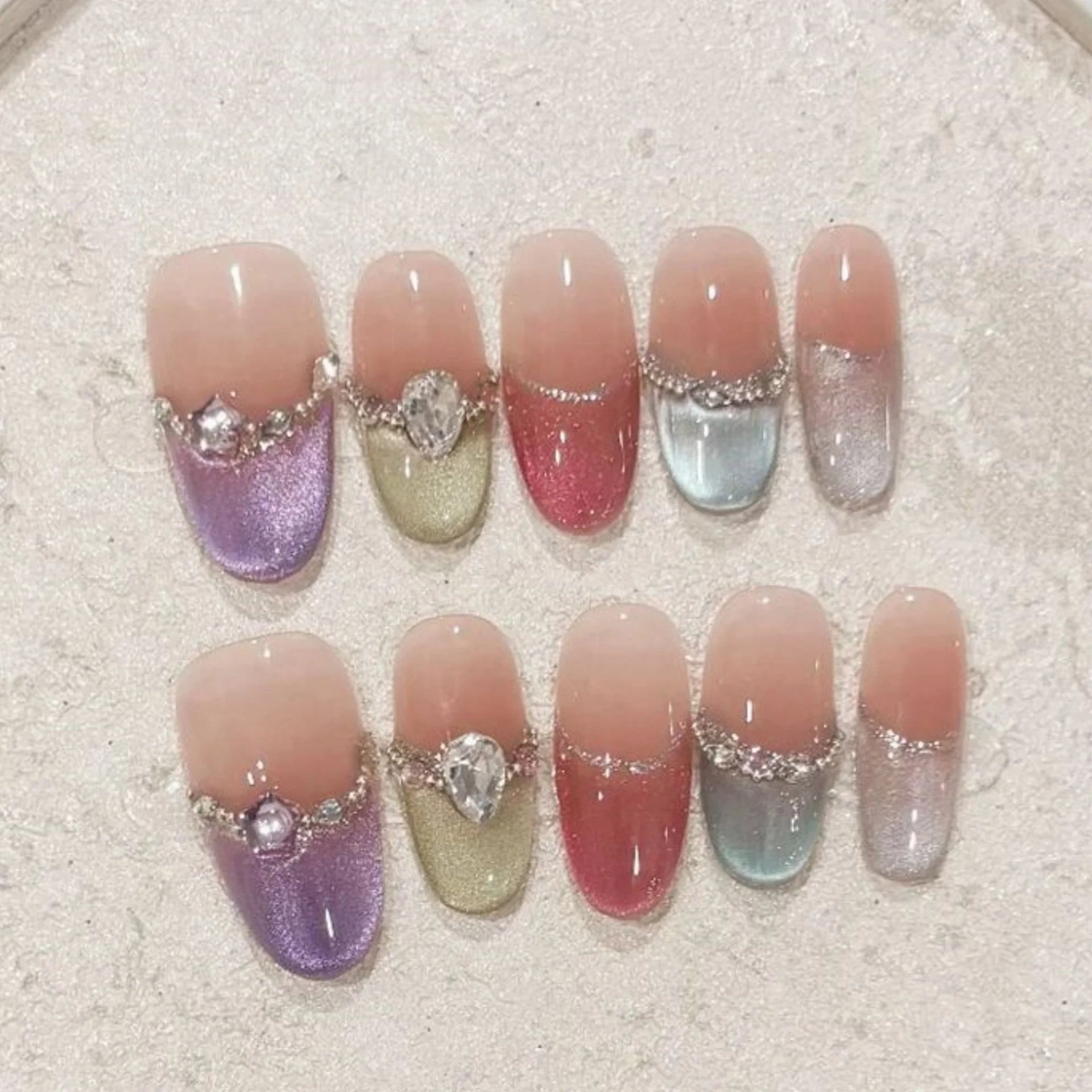 10pcs Short Oval Handmade False Nails Star Bow Stick on Nail Tips Blue Autumn Fake Nail for Girl Reusable French Press on Nails