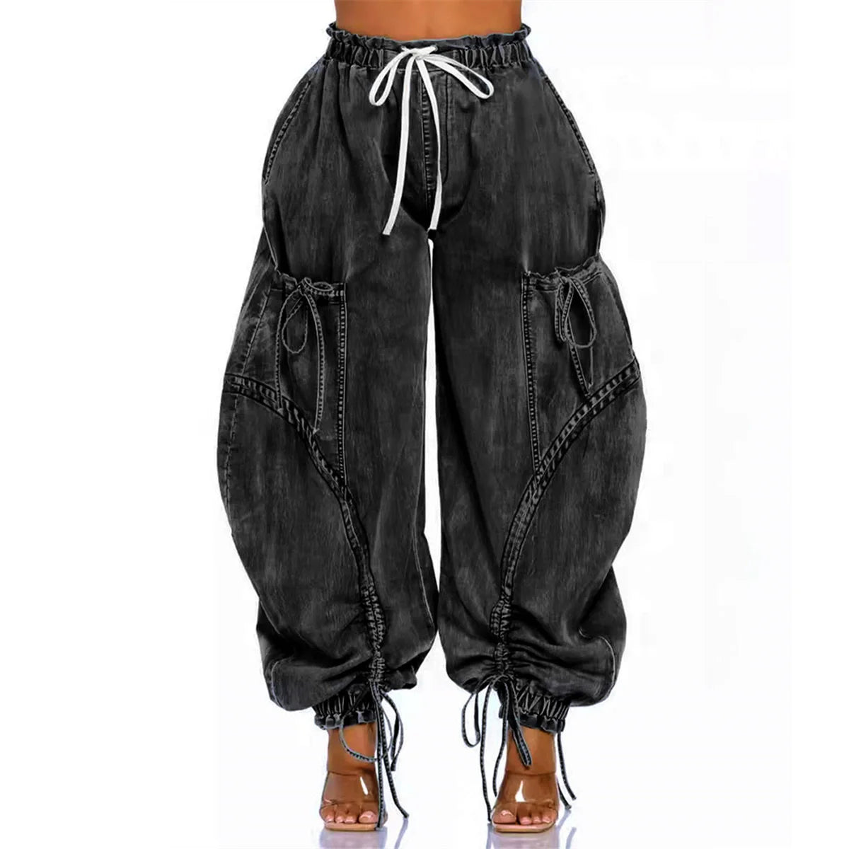 CM.YAYA Women Streetwear Drawstring Fashion Fly Denim Pants 2024 Autumn Loose Safari Style Cargo Harem Hip Hop Jeans