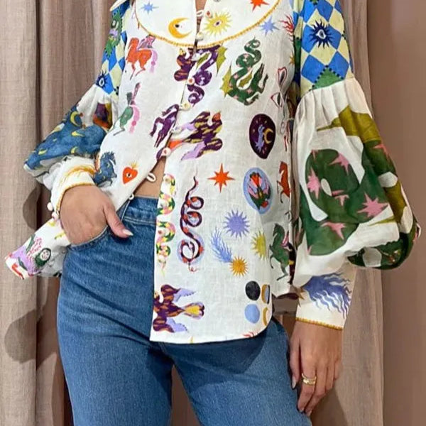 Women's Print Shirt Turn-down Collar Single Breasted Puff Long Sleeve Shirts Autumn Chic Office Lady Blusa Feminina Tops Light Yellow