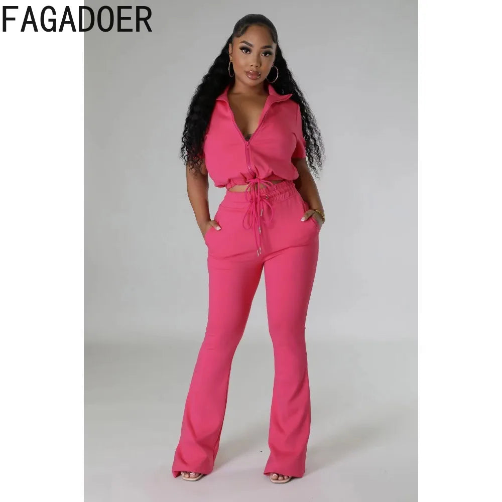 FAGADOER Fashion Solid Color Drawstring Flared Pants Two Piece Sets Women V Neck Short Sleeve Crop Top And Skinny Pants Outfits