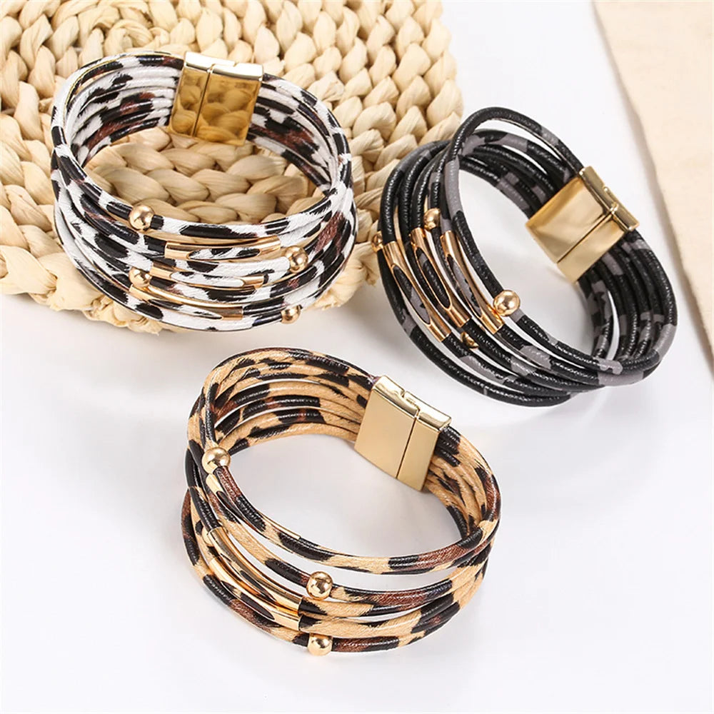 New Leopard Print Multi-Layered Aid Magnet Bracelet For Women Fashion PU Leather Bracelet Bohemian Party Jewelry