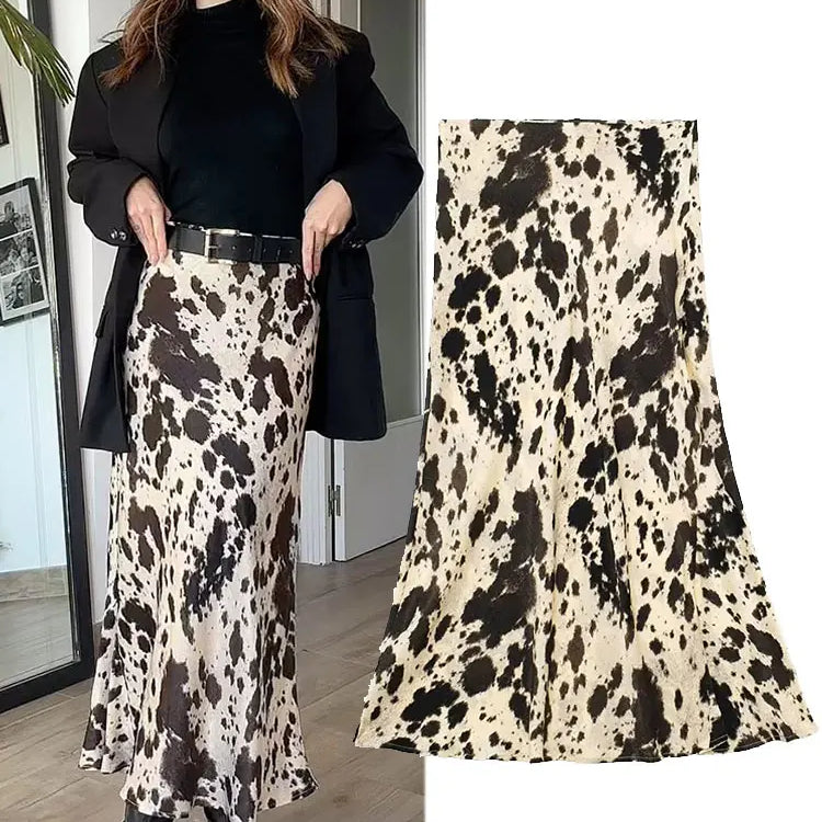 TRAFZA  Spring Women Fashion Skirts Trend Printing Slim Long Skirt Woman With Folds Versatile High Street Female Skirts