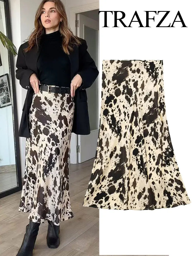 TRAFZA  Spring Women Fashion Skirts Trend Printing Slim Long Skirt Woman With Folds Versatile High Street Female Skirts