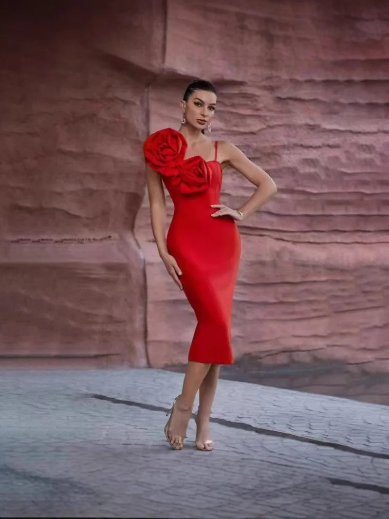Black Red Color Women Sexy Strap Florals Bodycon Midi Bandage Dress Celebrate Nightclub Party Birthday Photo Shoot Outfit