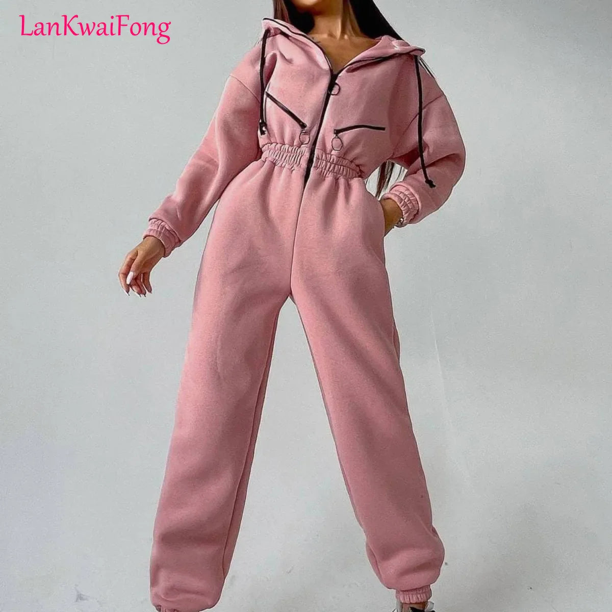 LKF New Sports and Casual Women's Jumpsuit Hooded Zipper Cardigan Solid Color Street Trendy Jumpsuit Wholesale