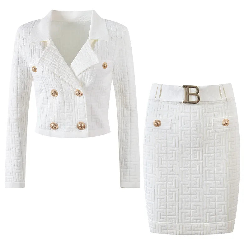 Brand Fall Women Stretch Knit Two Piece Sets Texture Pattern Long Sleeve Cardigan Sweater Tops Slim Skirt Belt 2 Color Option OL WHITE