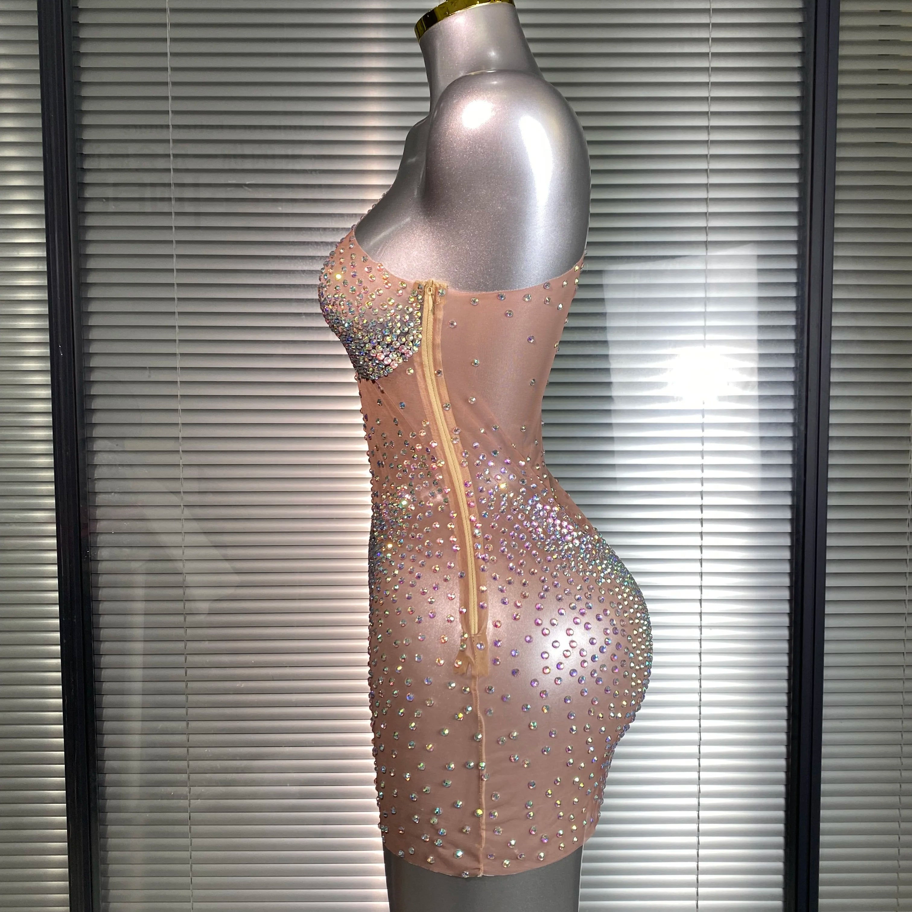 Celebrity New Women Sexy One Shoulder Mesh Sheer Crystal Rhinestones Stage Costume Stage Dancer Night Club Tank Mini Party Dress