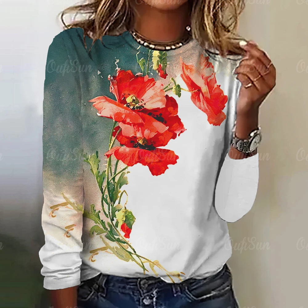 Women's Long Sleeve T-Shirt 3d Floral Print Sweatshirt Fashion Autumn Casual Harajuku Aesthetic Clothing Female Hoodies W010203-HQ11943